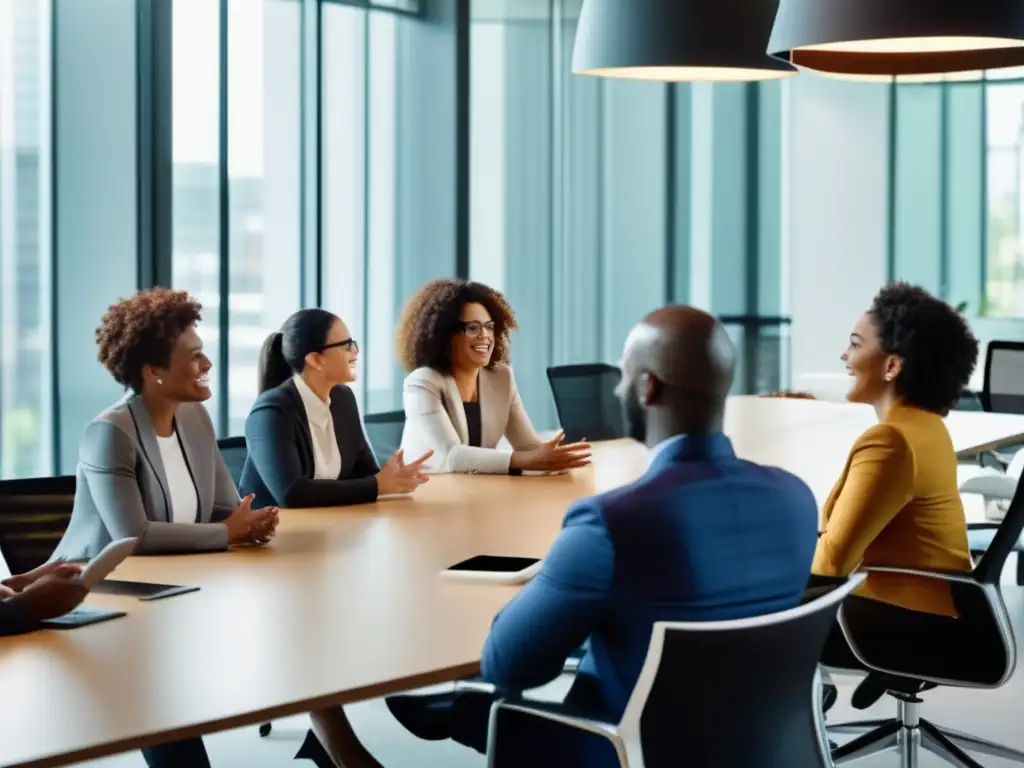 Profesionales diversos en conversación activa, fomentando habilidades blandas para construir una red de relaciones laborales efectiva