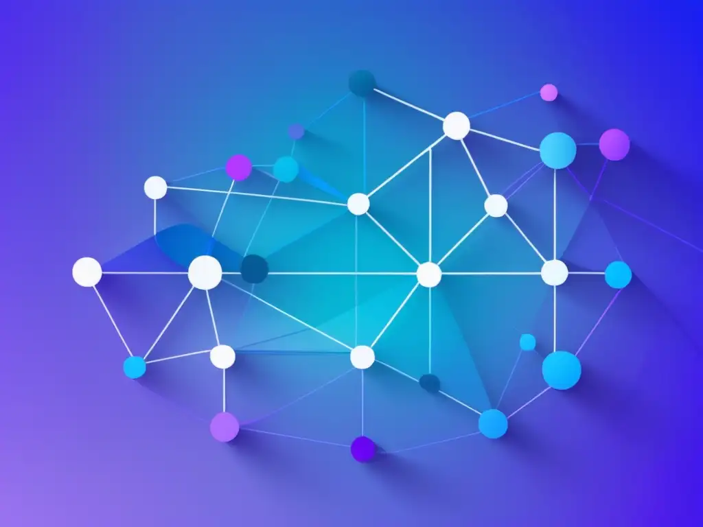 Construir una red laboral efectiva: líneas y nodos interconectados en un diseño minimalista, con transición de colores vibrantes a relajantes púrpuras