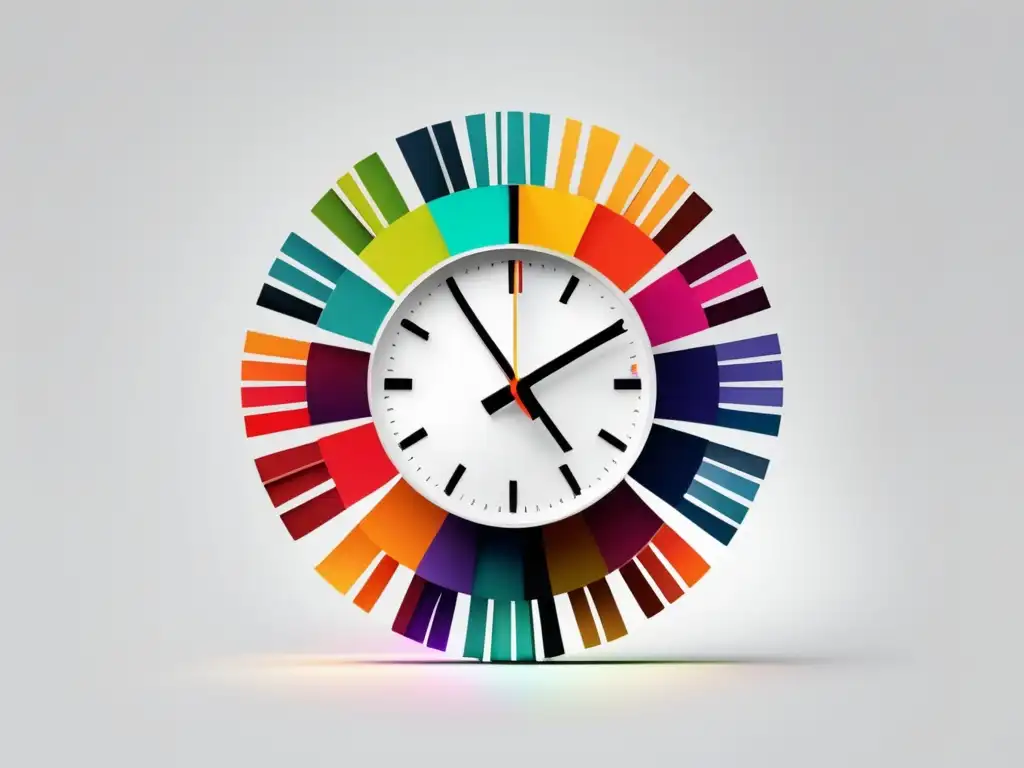 Reloj moderno con múltiples manos de colores, simbolizando etapas de presentación