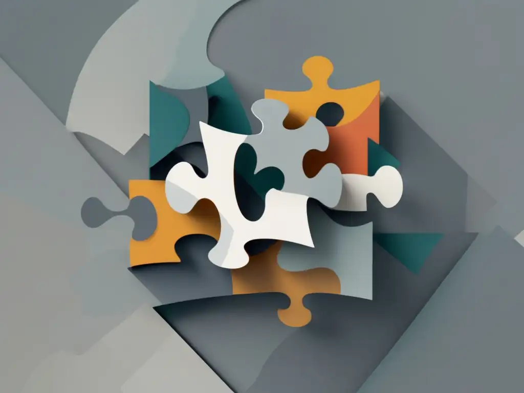 Puzzle flotante en red de formas interconectadas Pensamiento crítico en habilidades blandas: Puzzle flotante con líneas y formas conectadas, creando una imagen abstracta y minimalista