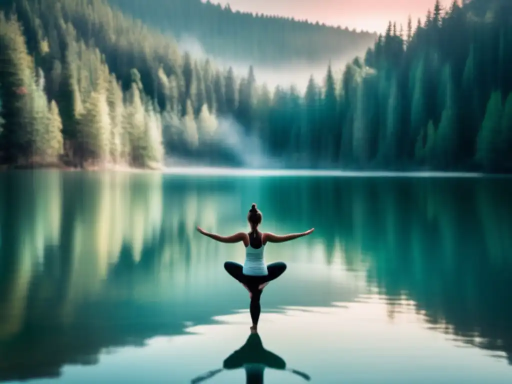 Persona en pose de yoga en un lago rodeado de bosque, transmitiendo paz y equilibrio