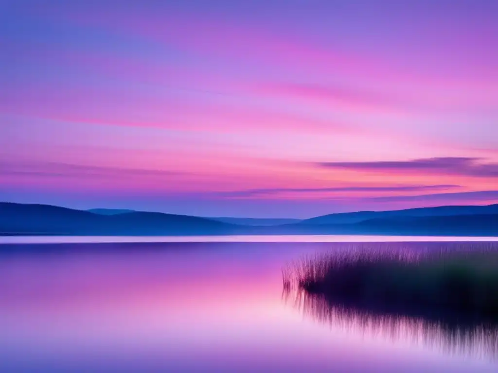 Paisaje sereno al amanecer, lago reflejando el amanecer en tonos pastel y árboles altos