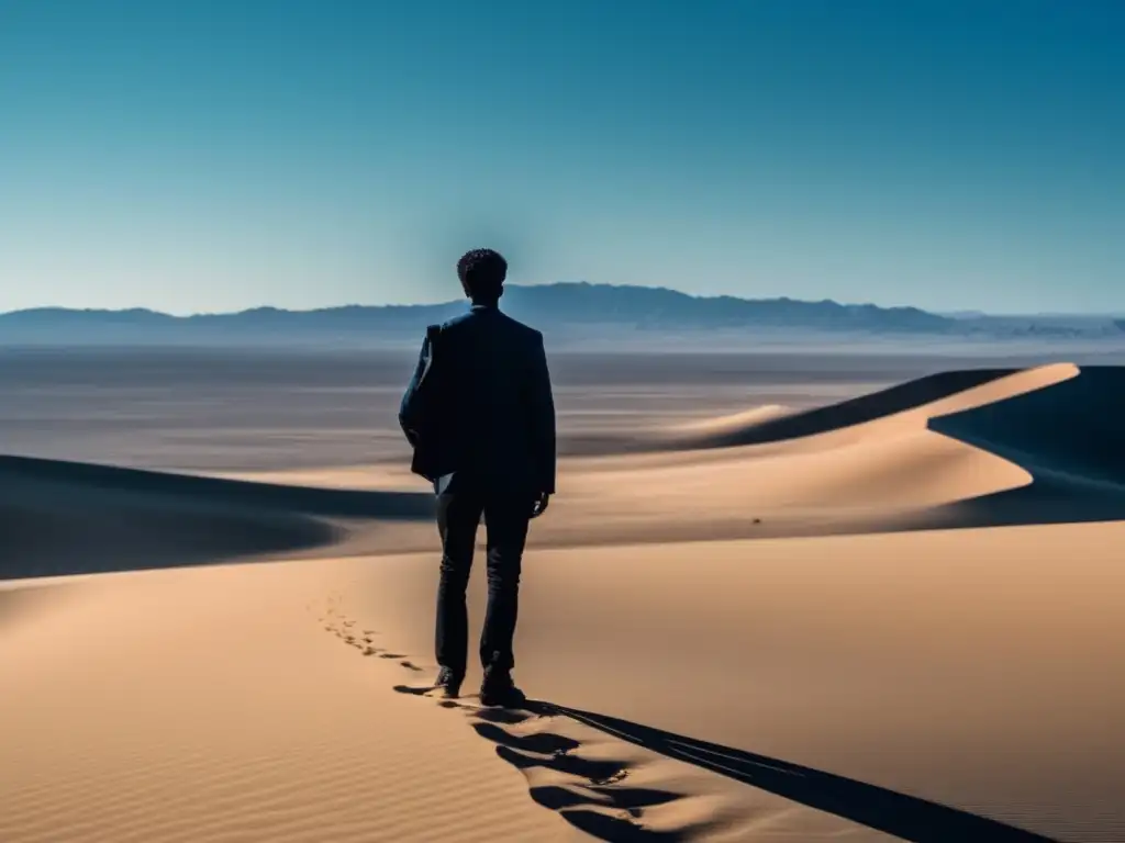 Persona contemplando el desierto, buscando propósito en el trabajo