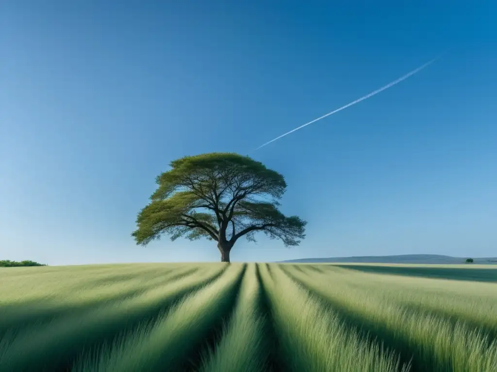 Paisaje sereno con cielo azul y campo abierto, árbol solitario